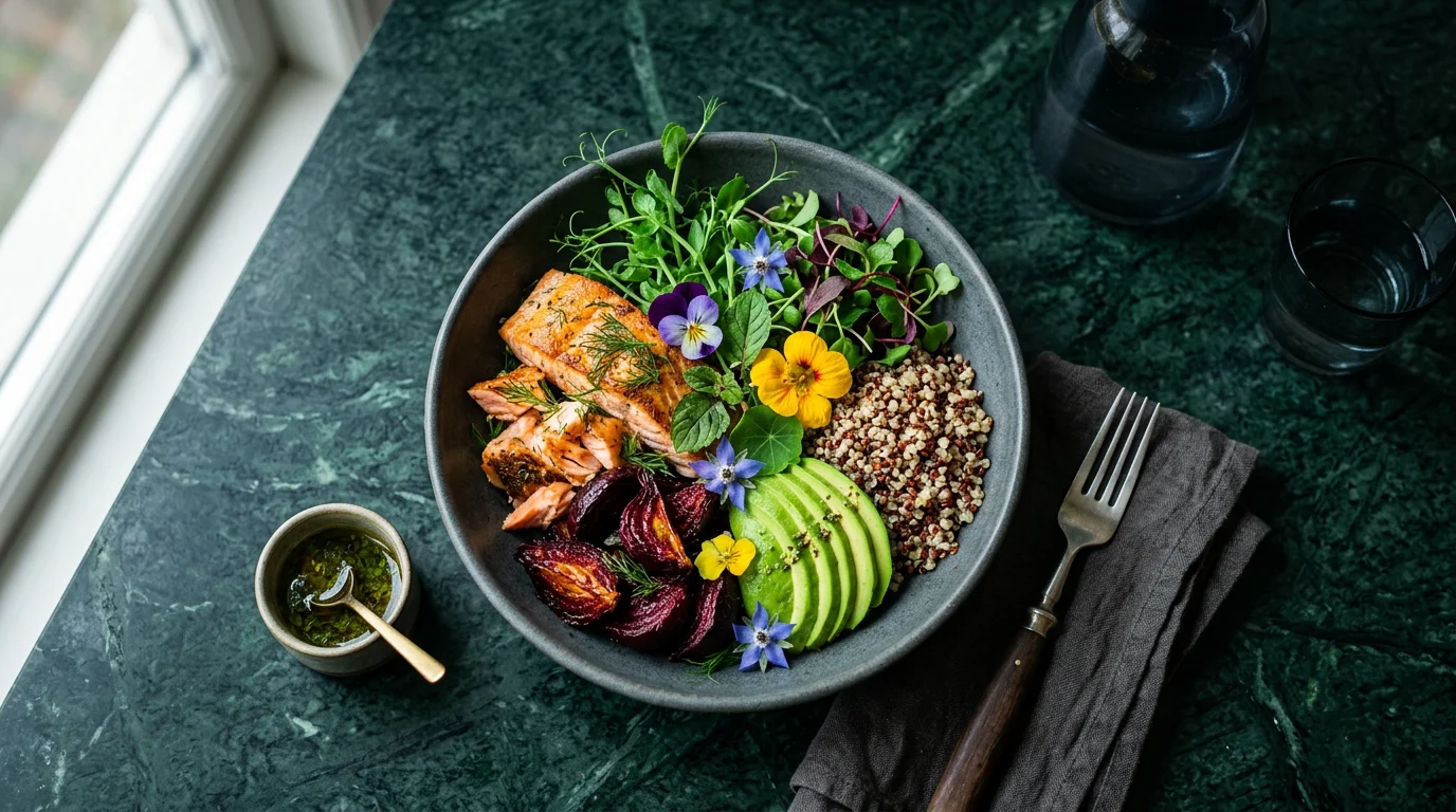 Skandinavisk skål med lax, rödbetor, quinoa och ätbara blommor